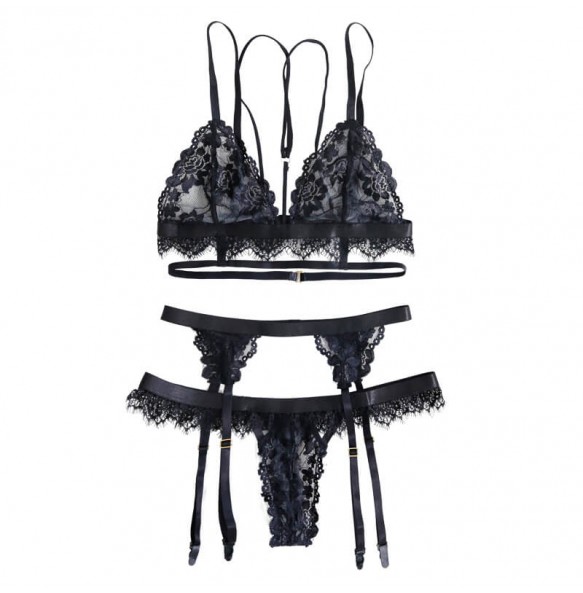 FEE ET MOI - Strappy Rope Bikini With Stocking Set (Plus Size - Black)